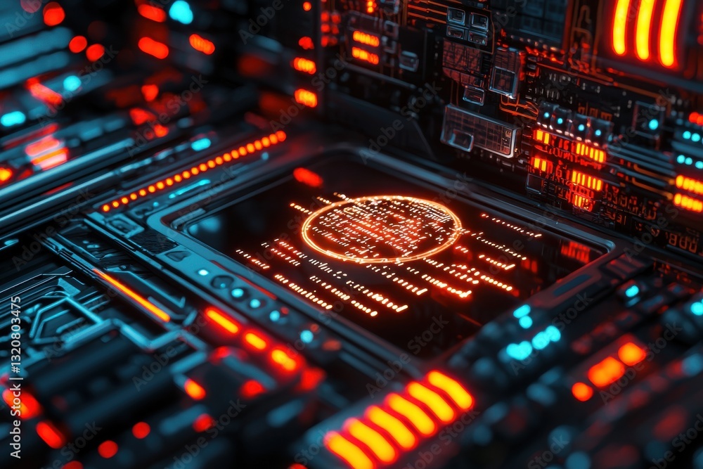 Poster futuristic circuit board with glowing orange code and blue lights, representing advanced technology,