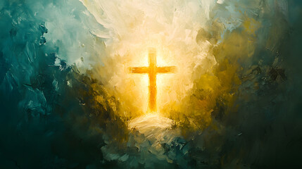 A serene depiction of the resurrection of Jesus, with an empty tomb, a glowing cross, and light from heaven shining through, symbolizing divine victory over death and the promise of eternal life.