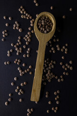 Un cucchiaio di legno colmo di lenticchie, la natura su sfondo nero.