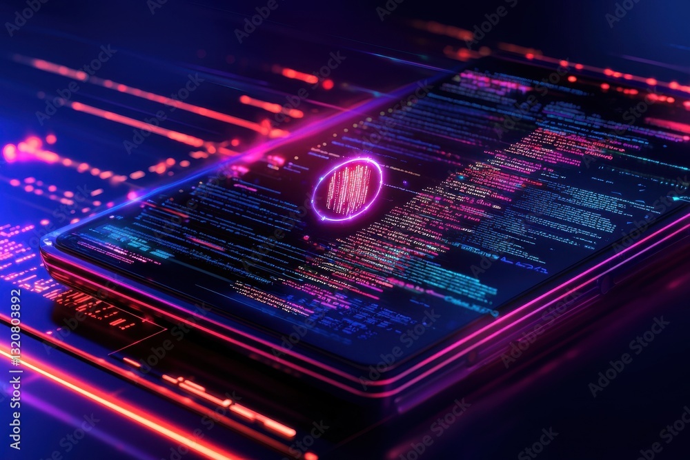 Poster digital data streams flowing across a modern smartphone screen, with binary code overlay, representi