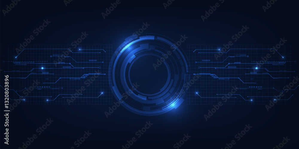 Poster vector illustration of futuristic blue digital high technology with circle hud and digital circuit e