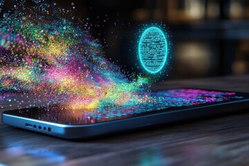 Vibrant data visualization featuring a colorful cloud of particles emerging from a smartphone screen, with a glowing digital sphere hovering above, symbolizing data transfer.