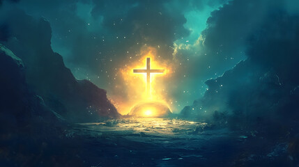 A serene depiction of the resurrection of Jesus, with an empty tomb, a glowing cross, and light from heaven shining through, symbolizing divine victory over death and the promise of eternal life.A ser