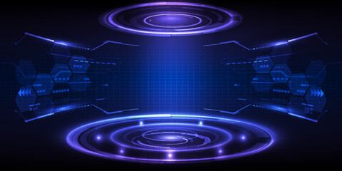 Obraz premium Vector illustrations of Futuristic digital technology stage with glowing blue pedestal podium stage layout for hi tech showcase.Digital tech concept.