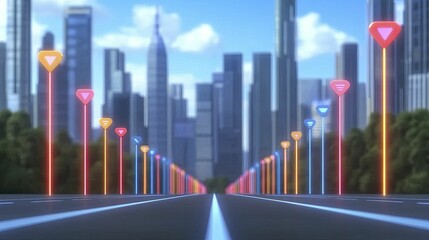 An imaginative augmented reality map with floating markers and interactive features, set against a modern urban backdrop.