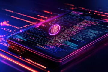 Obraz premium Digital data streams flowing across a modern smartphone screen, with binary code overlay, representing futuristic technology, data processing, and cyberpunk aesthetics.