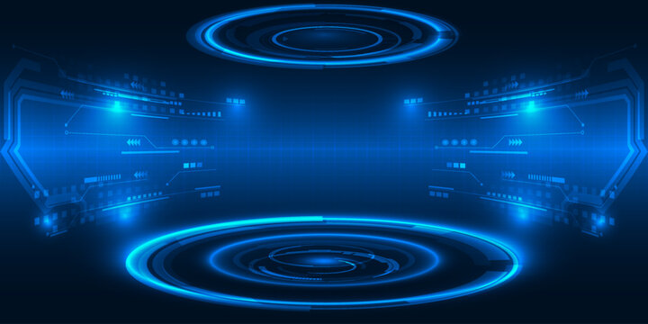 Vector illustrations of Futuristic  digital technology stage with glowing blue pedestal podium stage layout for hi tech showcase.Digital tech concept.