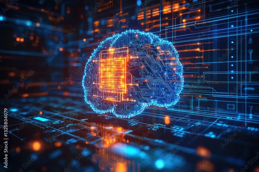 Poster a glowing digital brain, circuit board style, represents artificial intelligence, neural networks, a