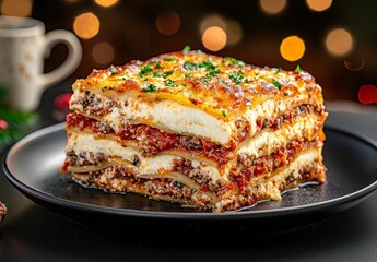 A deliciously layered lasagna topped with melted cheese and herbs, served on a plate with a soft-focus background of warm, festive lights.