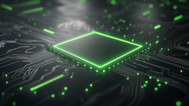 Futuristic circuit board design featuring a glowing green processor. - Powered by Adobe