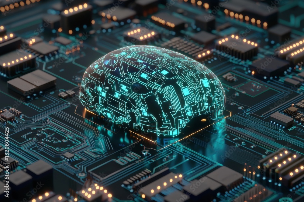 Poster a digital brain glowing on a circuit board, symbolizing artificial intelligence and technological ad