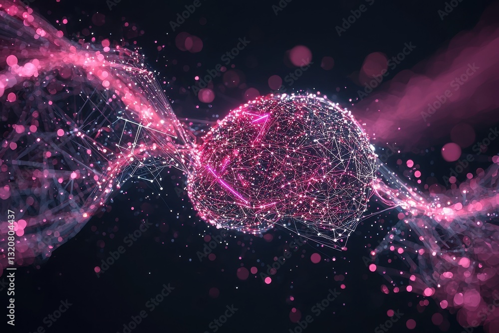 Poster abstract digital brain with pink neural network connections, symbolizing artificial intelligence and
