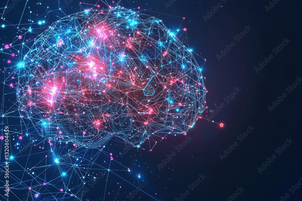 Poster an abstract rendering of a human brain with interconnected neural pathways, representing artificial 