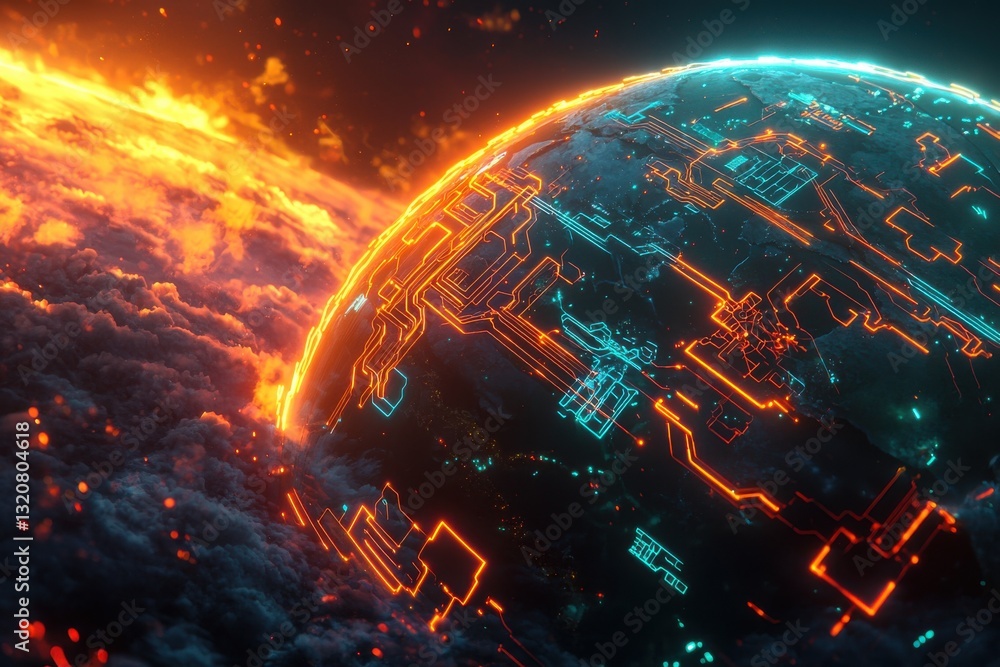 Poster digital earth with glowing circuits facing fiery space, representing a fusion of technology and natu