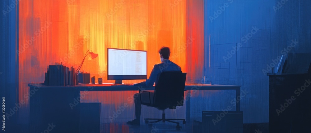 Poster a person sitting at a desk with a computer, possibly working or studying