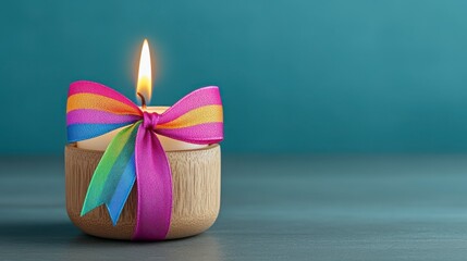 Decorative Candle with Colorful Ribbon on Wooden Base Unique Design