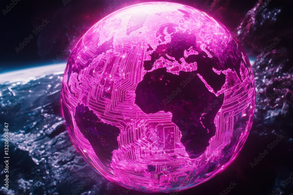 Poster a futuristic magenta globe with circuit patterns hovering in space, showcasing technology, connectiv