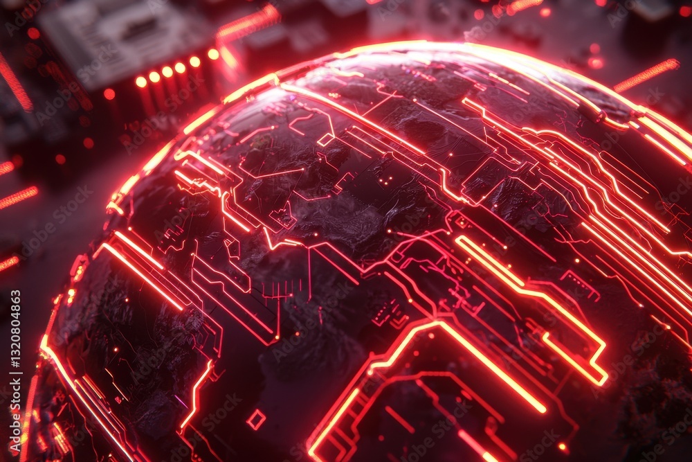 Poster a glowing red digital globe with integrated circuit patterns, representing futuristic technology and