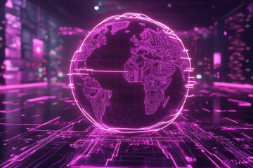 Fototapeta premium A neon pink digital globe hovering over a glowing circuit board city, representing global connectivity, technology, and futuristic concepts in a cyberpunk style.