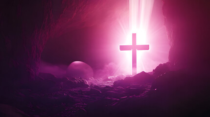 A serene yet awe-inspiring scene of Jesus’ resurrection, with an empty tomb and a radiant cross, divine light pouring from above, symbolizing salvation, grace, and the promise of eternal life for beli