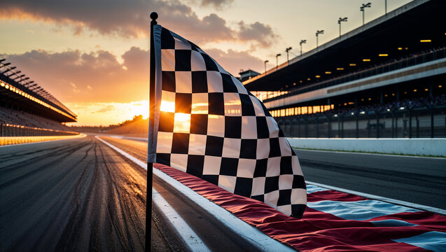 Checkered flag waving at sunset on a racetrack