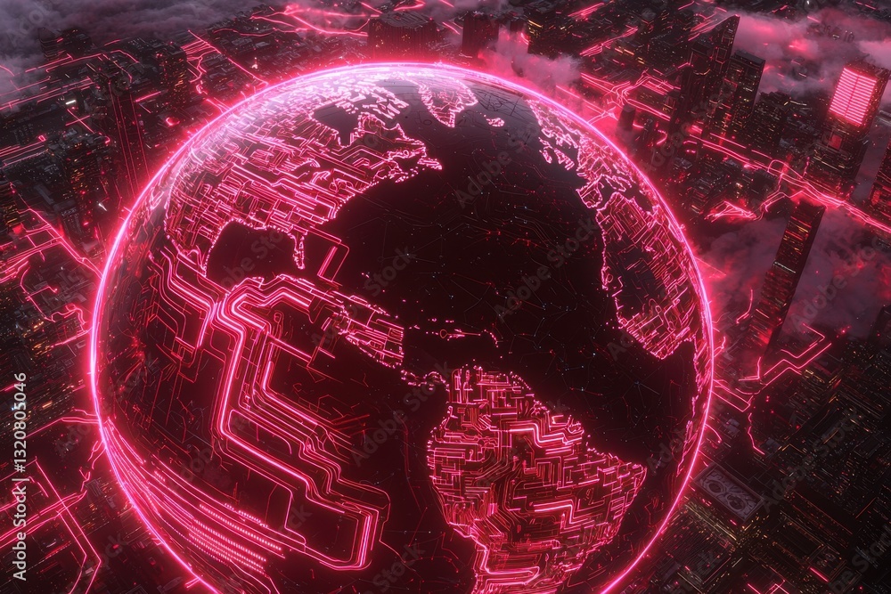 Poster a futuristic globe of earth with glowing red circuit patterns hovering over a digital city, depictin