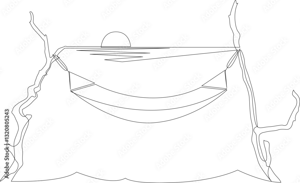 Aufkleber continuous one line drawing of hammock hanging on the trees with a sunset on the sea in the backgrou