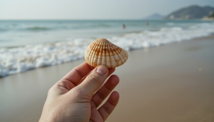 Hand Holding a Decorative Shell at the Beach with Waves and Mountains in the Background