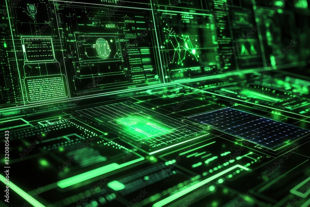 Poster futuristic interface with glowing green lines and data streams, showcasing advanced technology, cybe