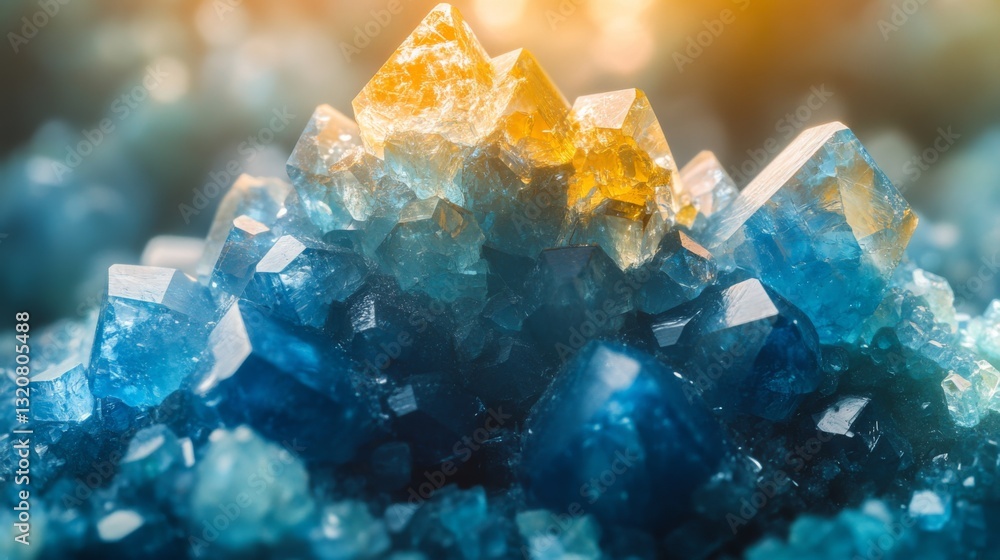 Aufkleber vibrant crystal formations exhibit shades of blue and gold, illuminated by sunlight. the unique shap