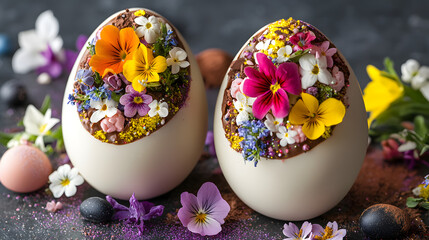 A set of Easter eggs filled with a creamy blend of dark and white chocolate ganache, decorated with colorful edible flowers and glitter for an extravagant, spring-inspired holiday treat.