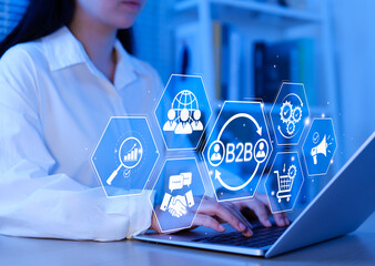 B2B business strategy concept. Business professional working with B2B interface on laptop,...