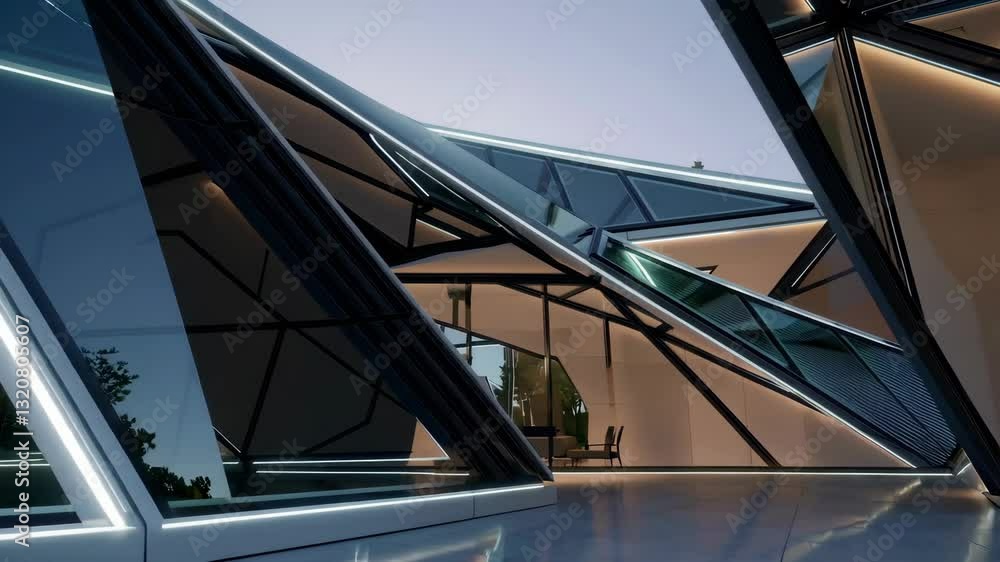 Poster futuristic glass architecture at dusk showcasing dynamic reflections and modern geometry