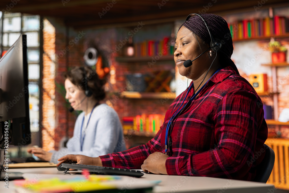 Poster call center employee using audio headset to answer customers technical inquiries about software issu