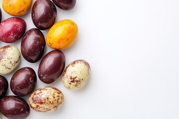 Obraz premium Colorful Easter Chocolate Eggs on White for a Cheerful Easter Celebration Concept 