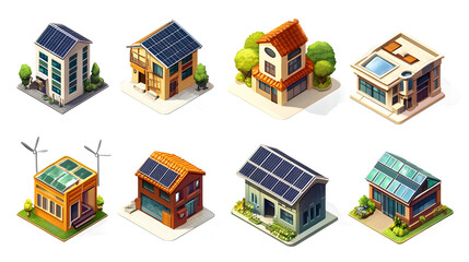 A set of eco-friendly architecture icons, including solar panels, wind turbines, and green buildings, symbolizing energy efficiency.