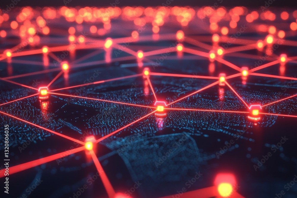 Aufkleber abstract digital network with glowing red connections and hexagonal nodes, symbolizing global commun
