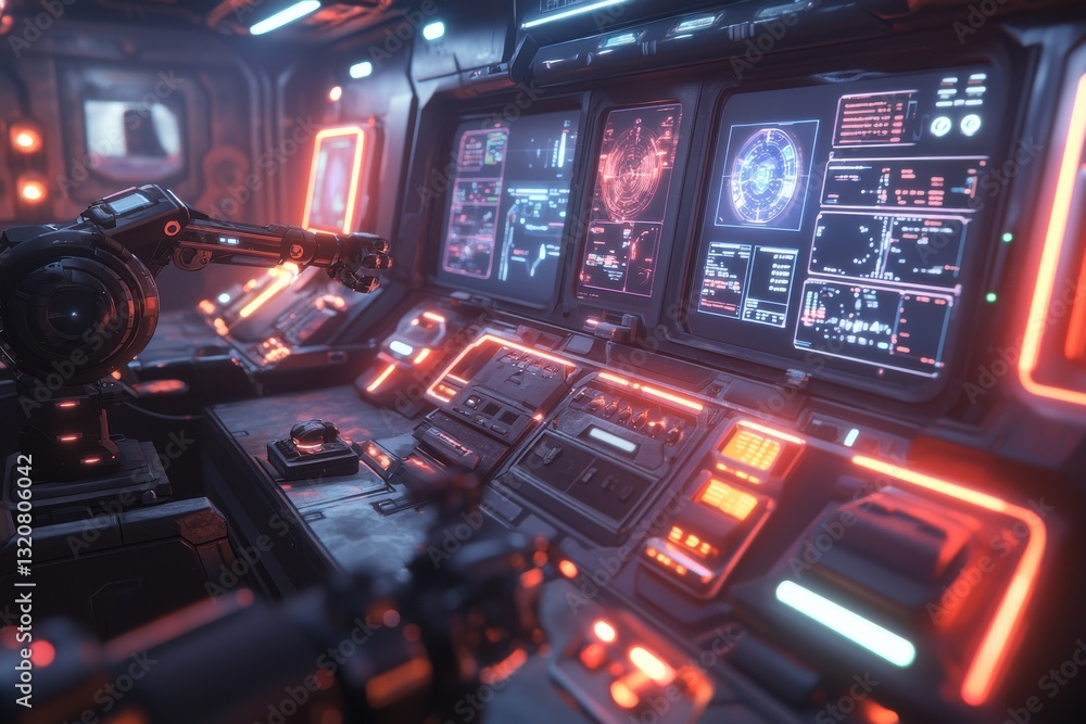 Poster futuristic spaceship cockpit featuring complex control panels with holographic displays and robotic 