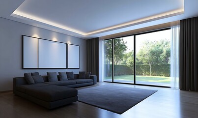 Fototapeta premium Modern living room with large windows and minimalist decor, offering a view of greenery outside.