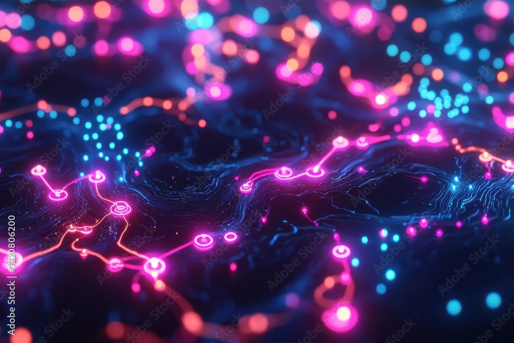 Poster abstract futuristic background with glowing pink and blue network connections, creating a sense of m