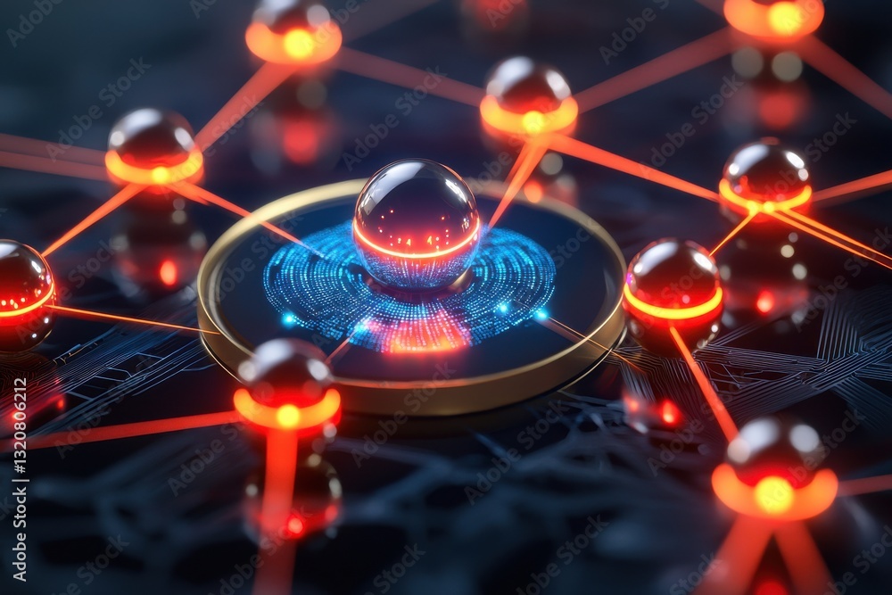 Poster a futuristic network of interconnected nodes, symbolizing data transfer, with central hub, highlight