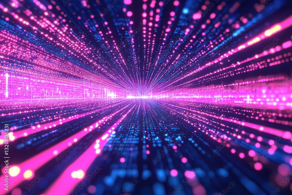 Poster an abstract high-tech tunnel with glowing neon lights and a perspective view, conveying speed and fu