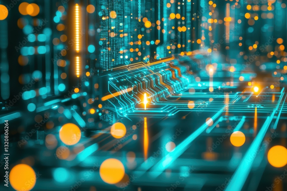 Poster abstract technological background featuring a glowing circuit board with a futuristic design and vib