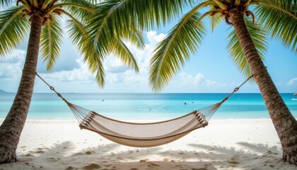 Fototapeta premium Tranquil Beach Scene with a Hammock Nestled between Palm Trees under a Clear Blue Sky