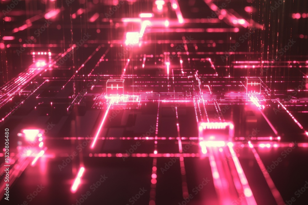 Poster an abstract visualization of interconnected circuits, displaying red glowing lines and components in