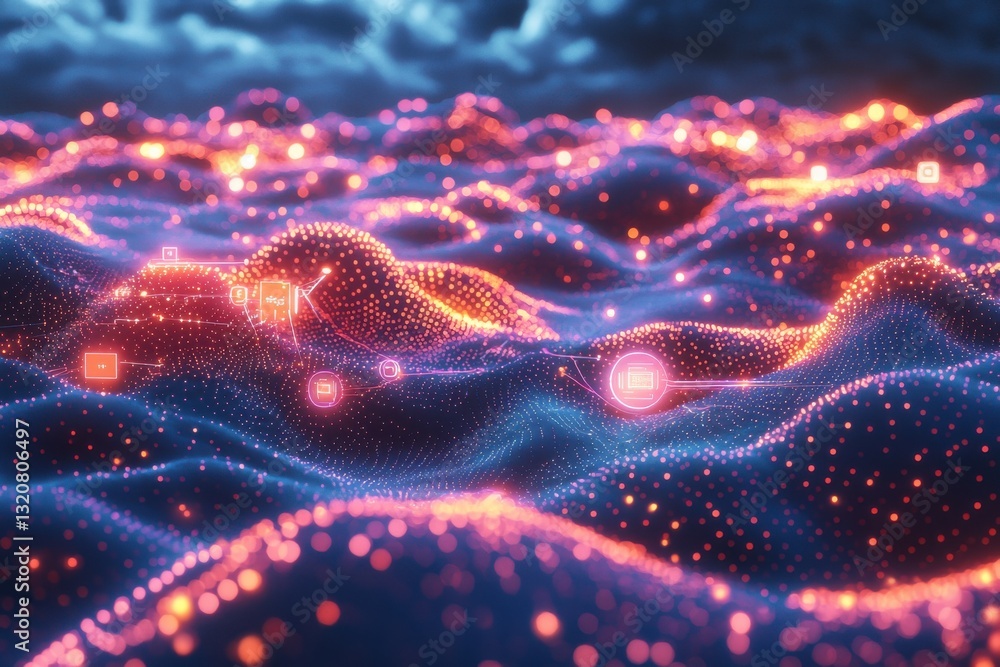 Poster a futuristic landscape with glowing data points flowing over abstract waves, creating a dynamic and 