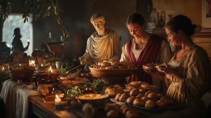 Ancient Roman family preparing sacred Cerealia feast at home