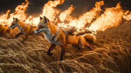 Obraz premium Theatrical foxes with burning torches tied to them running through simulated wheat fields during Cerealia games, recreating ancient Roman tradition