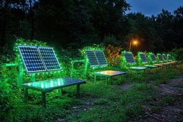 Illuminated solar panel benches line a path through a verdant forest at twilight, offering a sustainable and inviting resting spot amidst the natural surroundings.