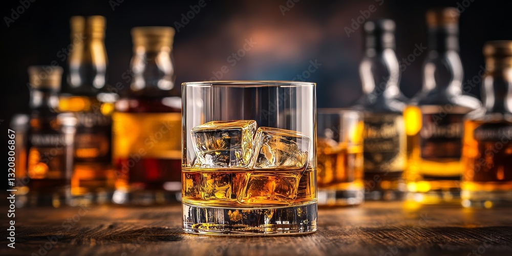 Poster Whiskey in a Rocks Glass with Ice Cubes, Rustic Table Setting with Bottles in Background Blur
